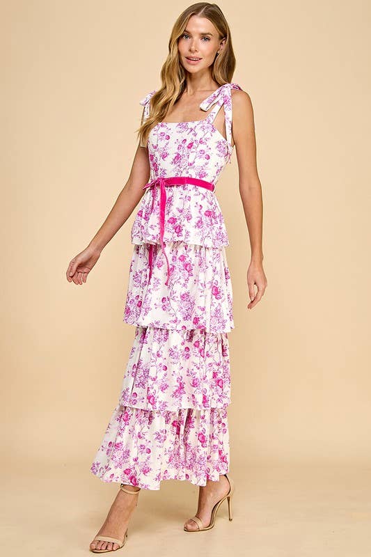 Blush and Bloom Floral Print Tiered Midi Dress