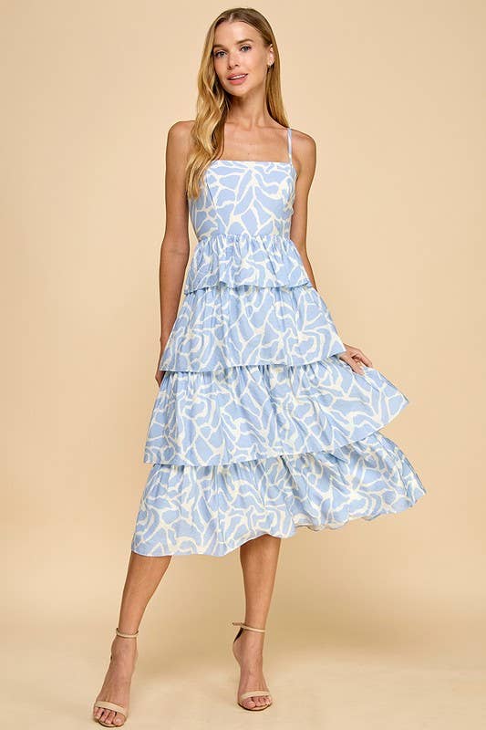 Effortlessly Elegant Blue Animal Printed Tiered Ruffled Dress