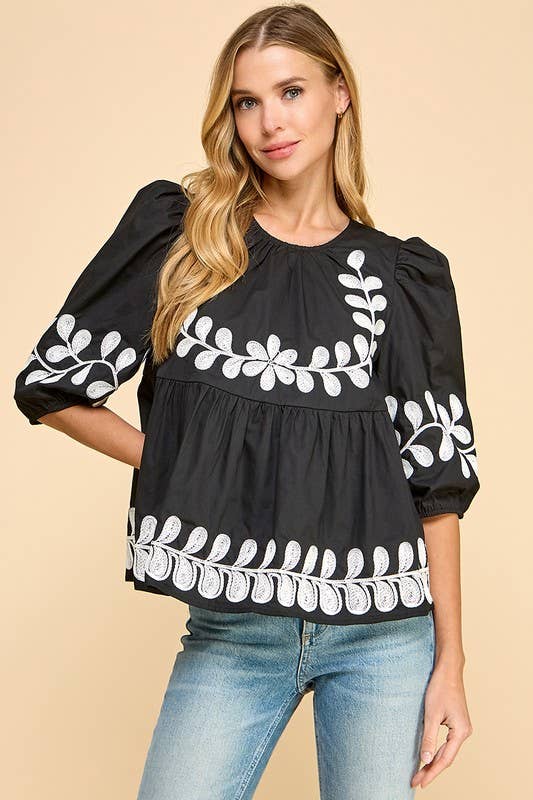Midnight Embroidered Peplum Top