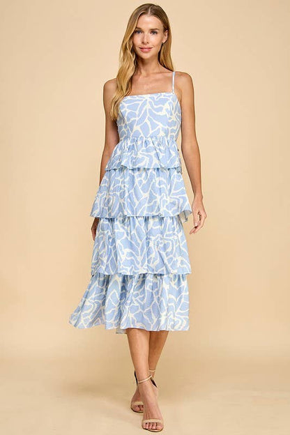 Effortlessly Elegant Blue Animal Printed Tiered Ruffled Dress