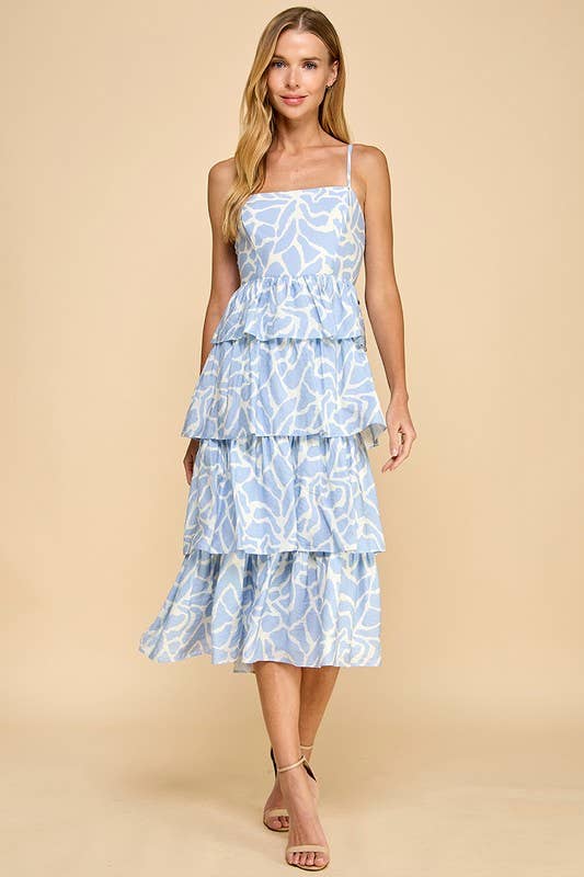 Effortlessly Elegant Blue Animal Printed Tiered Ruffled Dress