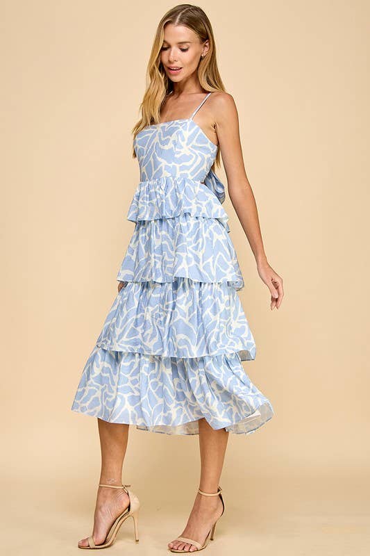 Effortlessly Elegant Blue Animal Printed Tiered Ruffled Dress