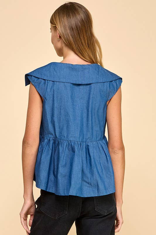 Jet Setter Denim Collared Wide Peplum Top