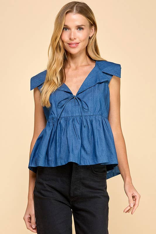 Jet Setter Denim Collared Wide Peplum Top