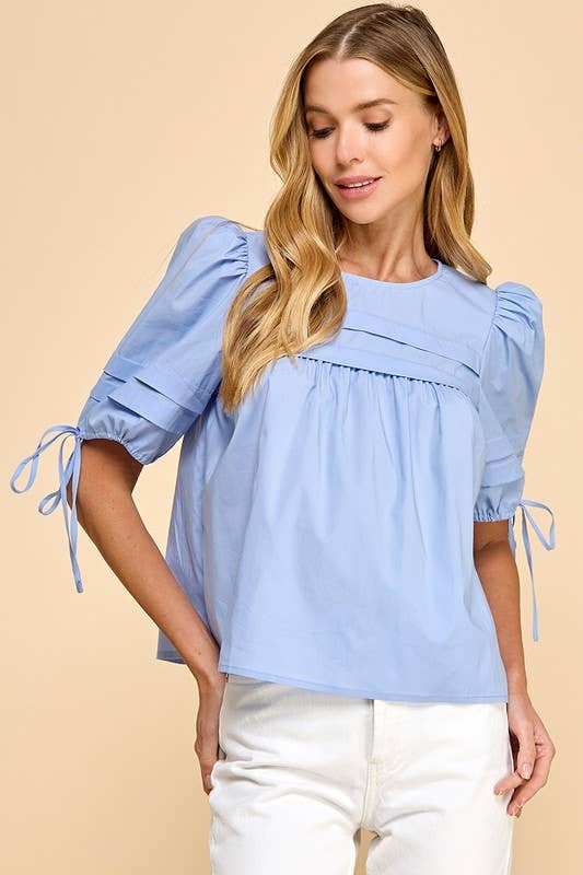 Breezy Bay Pleated Puff Sleeves Top