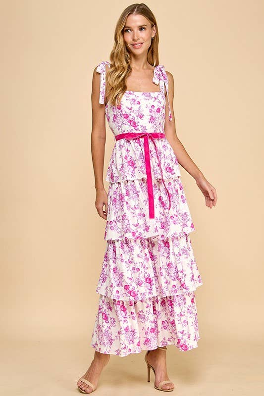 Blush and Bloom Floral Print Tiered Midi Dress